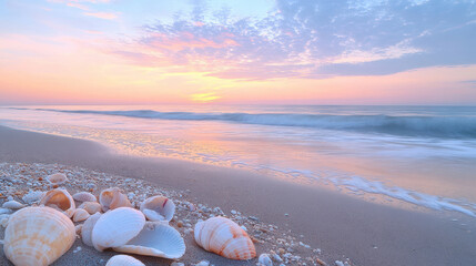 Beach at sunset with seashells scattered on the shore