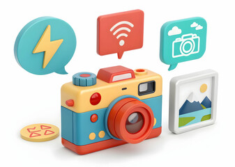 Colorful Retro Camera Illustrations with Iconic Symbols and Graphics
