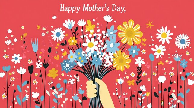 Hand Holding Bouquet Illustration – Red Background, White Outlines, Flat Line Art for Mother’s Day