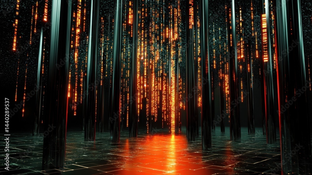 Poster glowing red matrix code cascading down digital screen, tech-inspired abstract pattern