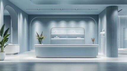 Obraz premium Modern, light blue spa reception area with white accents