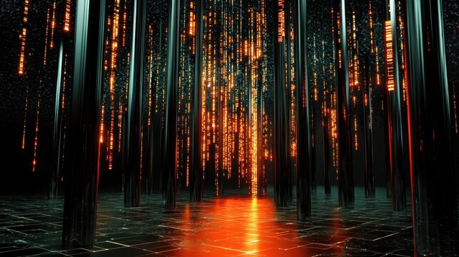 Glowing red matrix code cascading down digital screen, tech-inspired abstract pattern