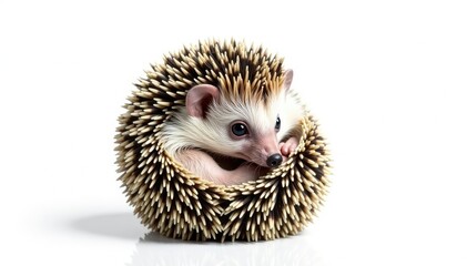 Obraz premium Tiny hedgehog curled in a ball, isolated on pure white background, animal, nature photography