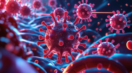 Close-Up of Red Virus Cells, 3D Illustration, High Resolution
