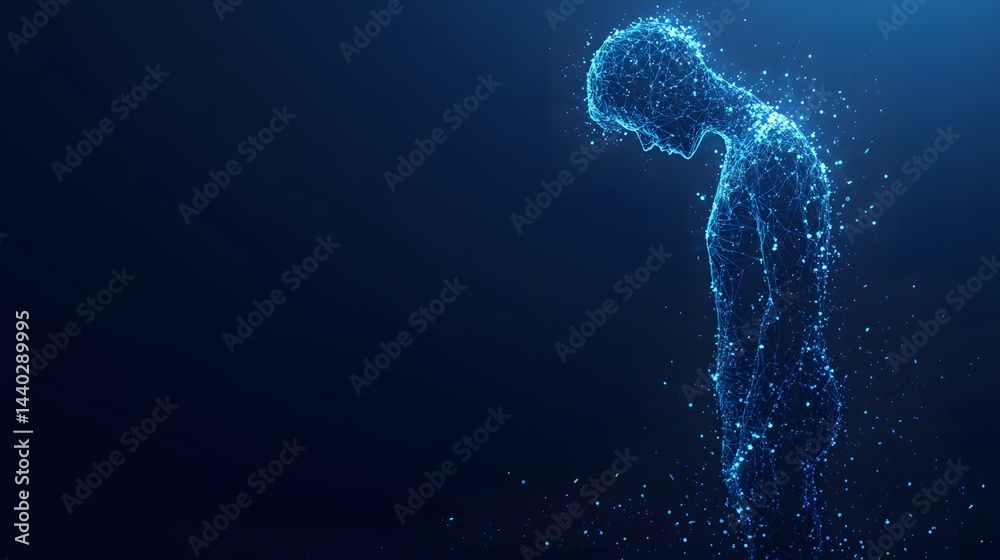 Poster a luminous figure, formed by a blue dot mesh, hunches before dissipating. the dark blue background e