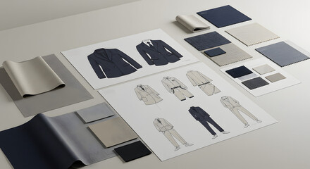 Obraz premium fashion design sketches and fabric swatches displayed for clothing collection