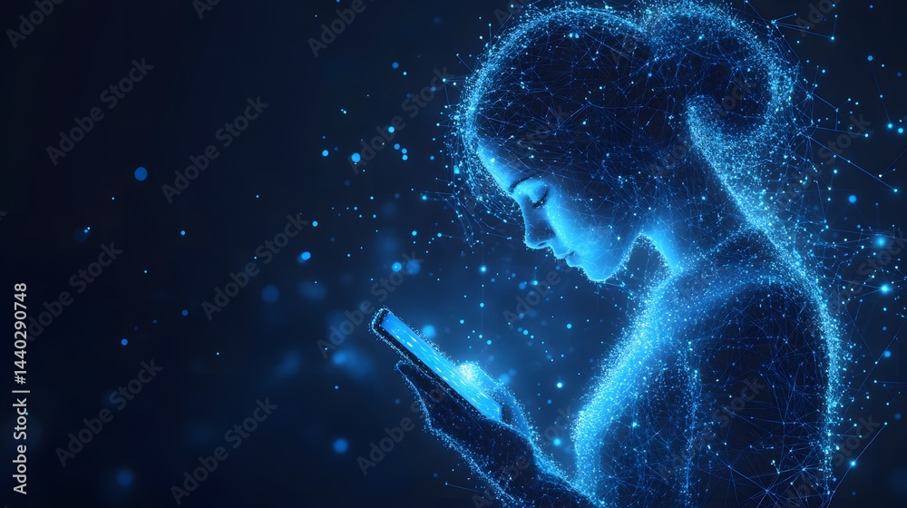 Poster ethereal woman made of light connects with a glowing smartphone, symbolizing digital connectivity. t