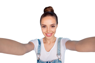 Close up photo of lovely cute nice girl taking selfie isolated with blue background having vacation fun holiday