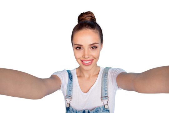 Close up photo of lovely cute nice girl taking selfie isolated with blue background having vacation fun holiday - Powered by Adobe