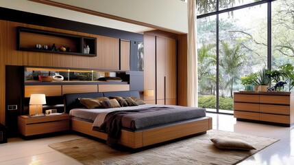 High-end bedroom with integrated wood storage units, minimalist design, and upscale atmosphere