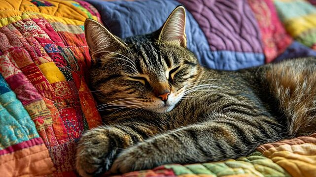 Cat Relaxing on Colorful Patchwork Quilt with Peaceful Expression
