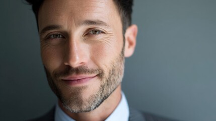 Fototapeta premium Close-up portrait of a man's face. he is looking directly at the camera with a slight smile on his lips. he has short, dark hair and a beard.