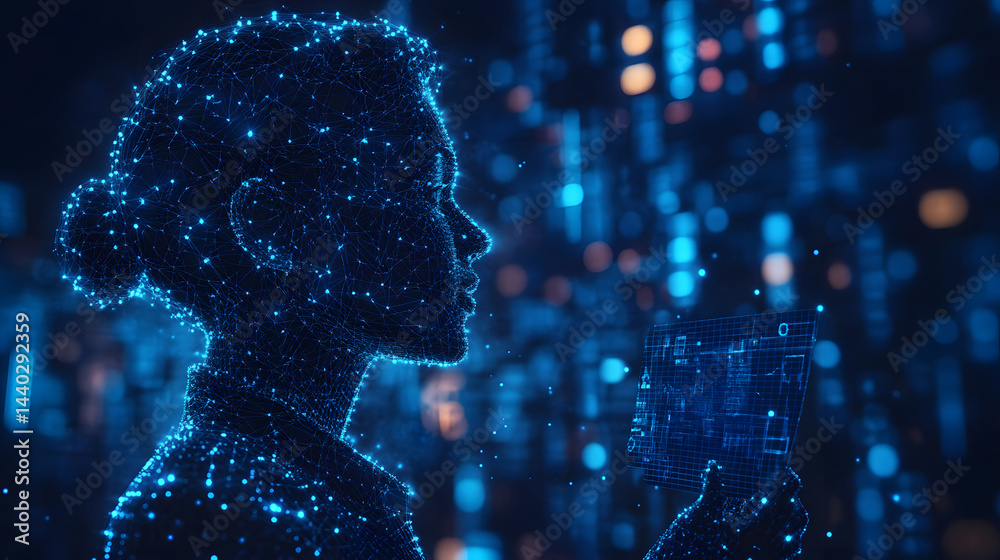 Poster digital woman rendered in blue wireframe, holding a transparent screen with stylized code against a 