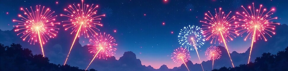Vibrant anime illustrations depicting sparkling fireworks at night, colorful, celebration