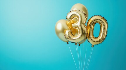 Golden celebration: 30th birthday balloons against a vibrant turquoise backdrop
