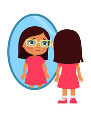 Sad little girl with glasses standing in front of a mirror.
Doubt, anxiety, dissatisfaction with her reflection.
The concept of lack of self-confidence.
Cute cartoon character