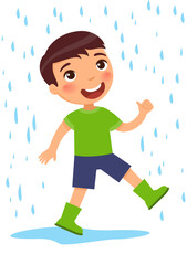 Little boy happily walks through a puddle in the rain.
Positive mood concept. Cute cartoon character