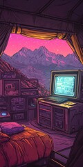 Pixel Art Room with Mountain Sunset View