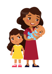 Happy mother holding baby in her arms and little girl dissatisfied, frowning and offended.
Сoncept of jealousy and worries of the eldest child in the family.
Cute cartoon character