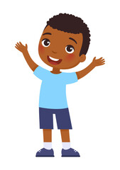 Little happy boy with dark skin.
Emotion concept happiness, delight or friendliness.
Cute cartoon character.