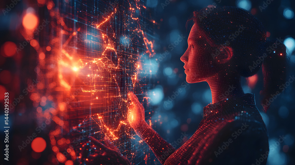 Poster a woman interacts with a futuristic digital interface, her form echoed in the glowing network displa