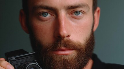 Close-up portrait of a man's face. he is holding a camera in his right hand and is looking directly at the camera with a serious expression.