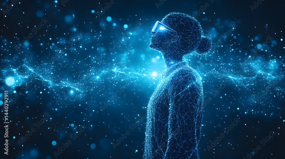 Poster futuristic portrait of a woman in a blue wireframe. the abstract design creates a digital and modern