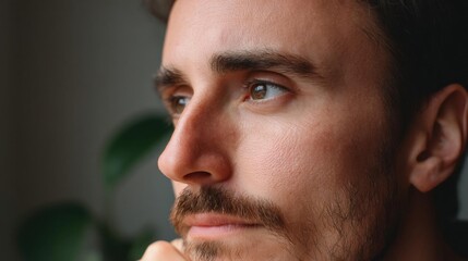 Obraz premium Close-up portrait of a man's face. he appears to be in his late twenties or early thirties, with dark hair and a beard. he has a serious expression on his face, with his hand resting on his chin.
