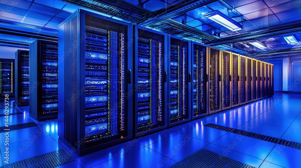 Poster high-tech server room with glowing blue and yellow illuminated racks, reflective flooring, and struc