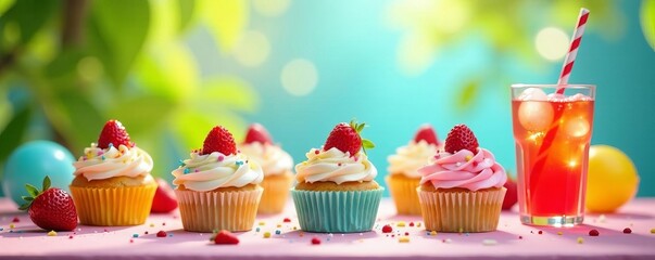 Vibrant birthday backdrop featuring a selection of scrumptious cupcakes and fizzy soda on a sunny day, joyful, refreshments