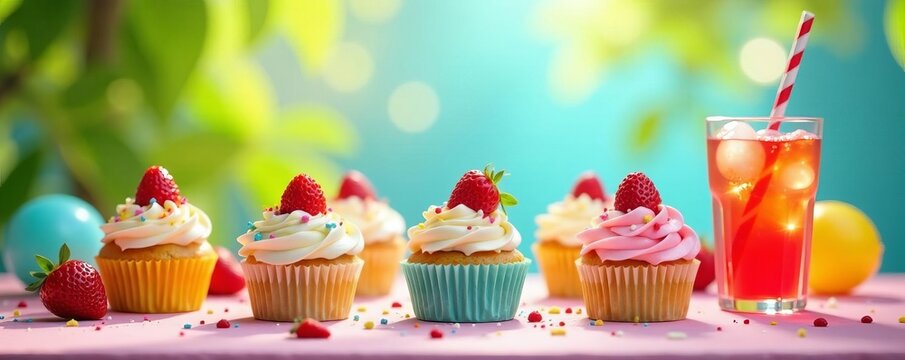 Vibrant birthday backdrop featuring a selection of scrumptious cupcakes and fizzy soda on a sunny day, joyful, refreshments