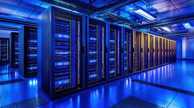 High-tech server room with glowing blue and yellow illuminated racks, reflective flooring, and structured cabling, showcasing cloud innovation. Ideal for IT branding and digital marketing