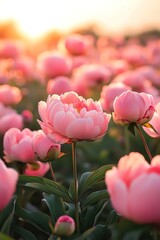Field of blooming pink peonies glowing under the warm morning sun