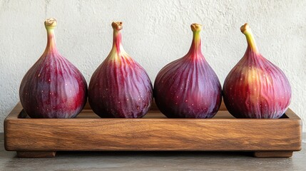 Obraz premium Four ripe figs on wooden tray against neutral background, soft natural lighting