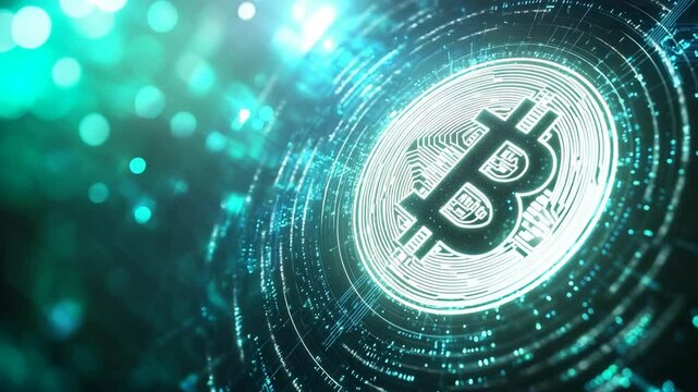 Digital representation of cryptocurrency with glowing Bitcoin logo and futuristic design elements in a virtual space