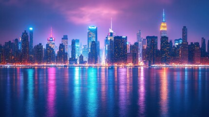 Obraz premium Night Lights of Midtown Manhattan: A Vibrant Cityscape Reflection