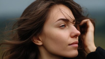 Fototapeta premium Close-up portrait of a young woman's face. she has long, wavy brown hair that is blowing in the wind. her eyes are closed and her expression is peaceful and serene.