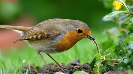 European Robin Foraging for Insects in Lush Garden