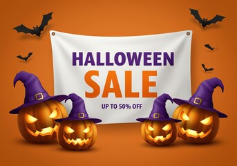 Halloween Pumpkins with Witch Hats, Banner and Bats against an Orange Background