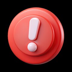 3D Red Round Icon with White Exclamation Mark, Glossy Finish and Button on Black