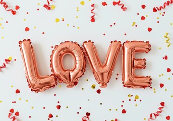 Foil LOVE Balloons with Red and Yellow Confetti and Ribbon on White Backdrop