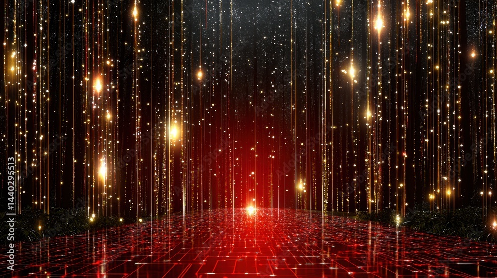 Poster matrix-inspired digital background in red tones, abstract code flow across screen