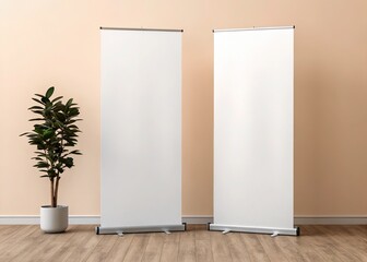 Interior with Two Blank White Roll Up Banners, Plant in a White Pot, Wooden Floor
