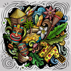 Hawaii cartoon vector doodle illustration. Colorful detailed composition with a lot of Hawaiian objects and symbols