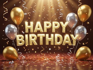 Golden Happy Birthday Letters with Balloons, Confetti and Streamers Celebration Design