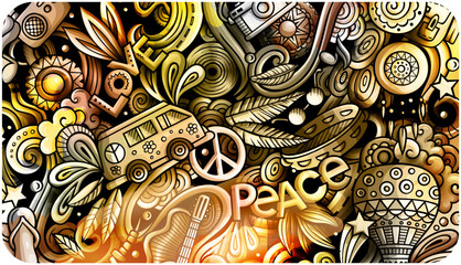 Hippie hand-drawn doodle banner. Cartoon watercolor vintage illustration with objects and symbols. Color vector background
