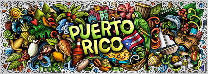 Puerto Rico cartoon doodle vector color banner design. Funny Puerto Rican whimsical illustration. 
