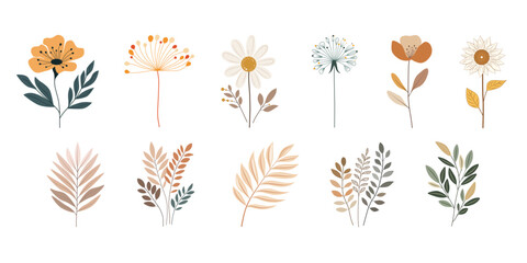 A minimalist boho floral clipart set featuring abstract flowers and tropical leaves in soft neutral and pastel tones