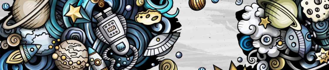 Space hand drawn doodle banner. Cartoon illustrations. Cosmic identity with objects and symbols. Color vector design elements background