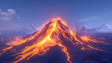 Erupting volcano at dusk, glowing lava flows down its slopes amidst snowy mountain range